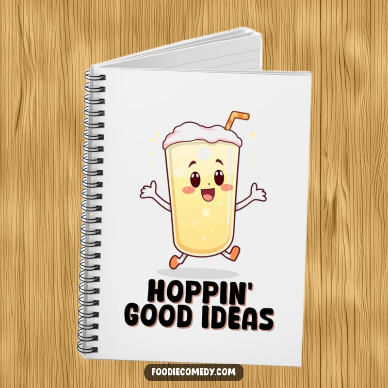 Funny notebook with a bubbly beverage doing a joyful little hop, perfect for jotting down notes with a touch of bubbly joy.