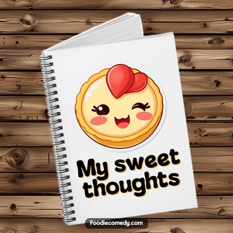 Funny blushing fruit tart notebook, for writing with a delighted dessert character on the cover.