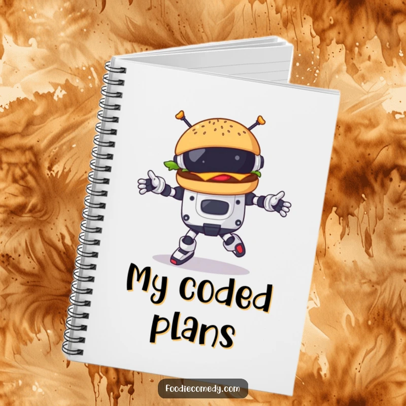 Funny burger character doing a robotic dance on a notebook cover, adding futuristic humor to note-taking.