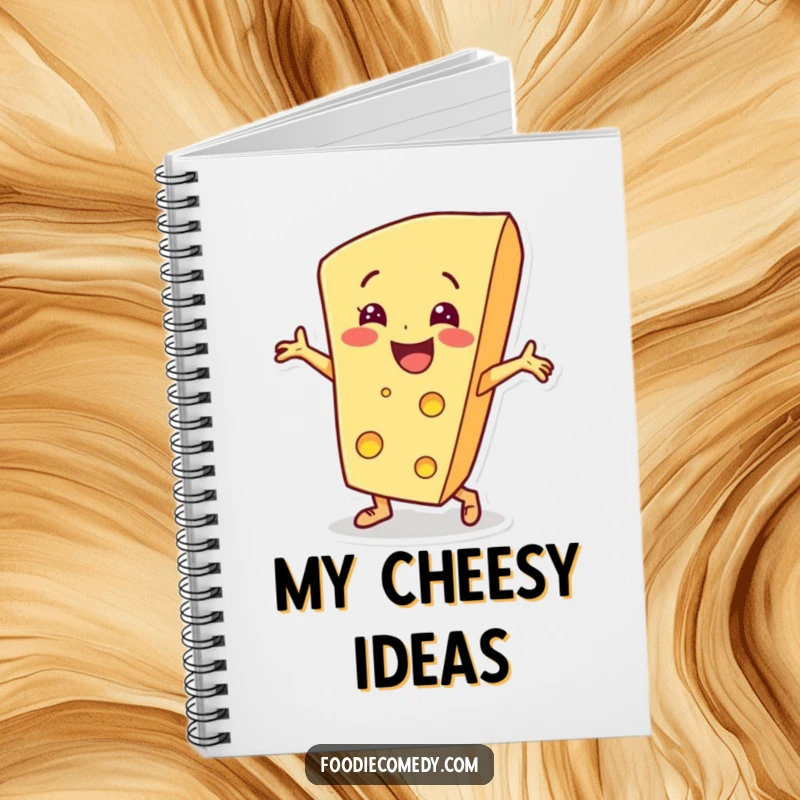 Funny cheese wedge character breakdancing on a notebook cover, adding hip-hop inspired humor to note-taking.