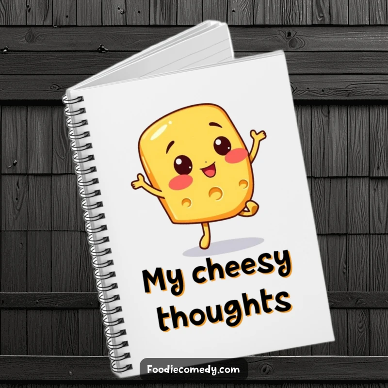 Funny notebook cover with a cheerful cheese slice character doing a lively bouncy hop. Ideal for notes and creative ideas.