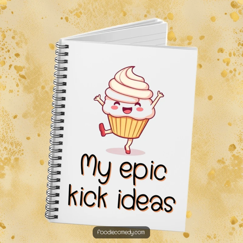 Funny notebook with an exuberant cupcake doing a lively kick, ideal for capturing notes and inspiring creativity with humor.