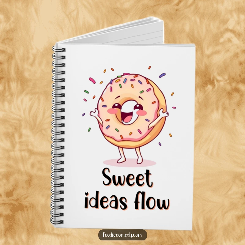Funny donut notebook with a cover showing a happy character gleefully juggling colorful sprinkles, perfect for jotting down sweet notes.