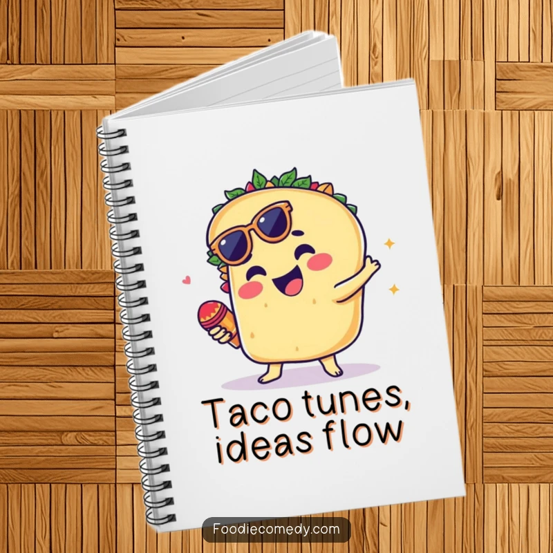Funny notebook cover art of a groovy taco dancing and shaking tiny maracas.