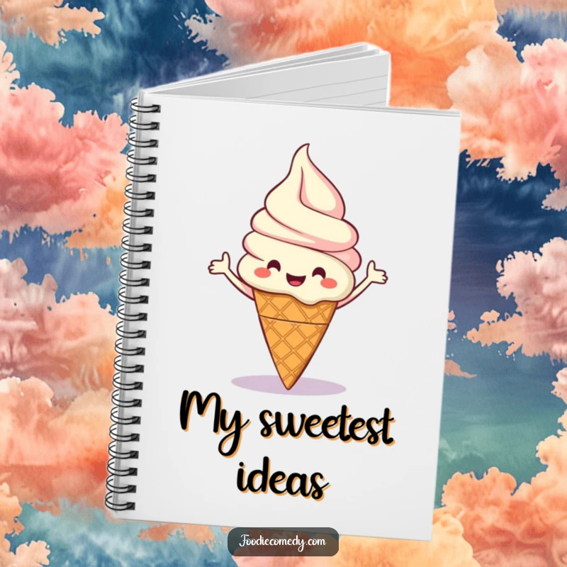 Funny notebook with a happy ice cream cone character doing a cheerful boogie dance, perfect for writing and drawing.