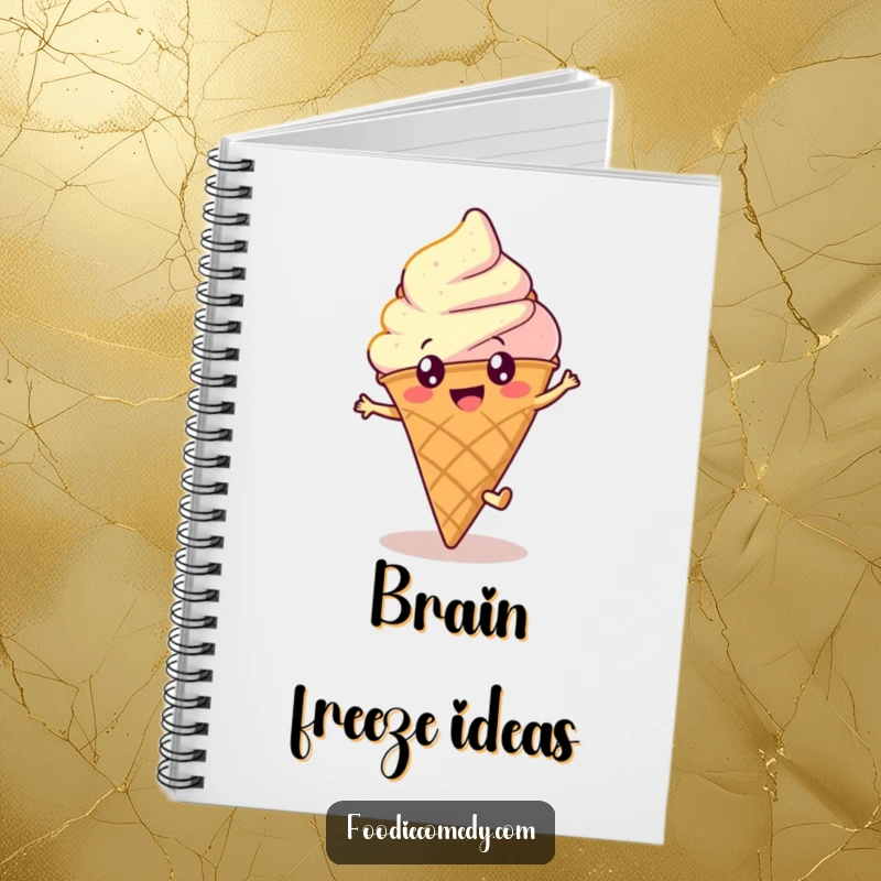 Funny ice cream notebook with a happy, round cone with bright eyes doing a cartwheel, perfect for jotting down ideas with humor.