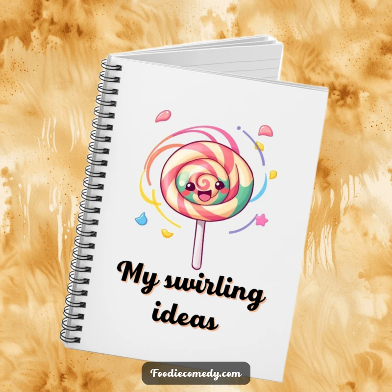 Funny kawaii lollipop spinning with colorful swirls on this notebook cover, a cheerful and humorous stationery item.