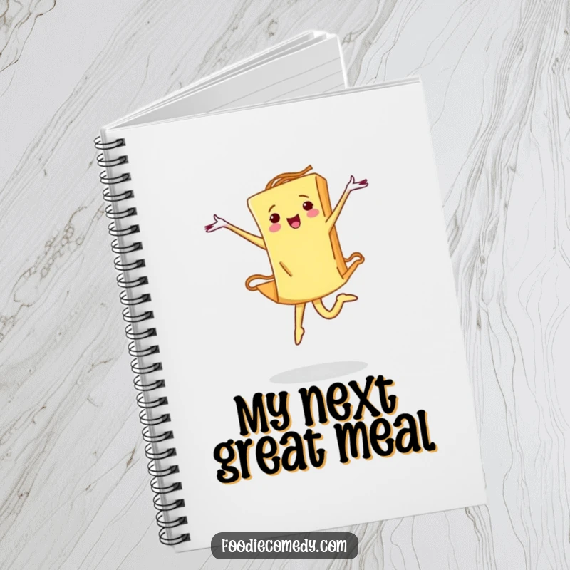 Funny pasta notebook cover depicting a piece of pasta performing a determined ballet leap, inspiring creativity and artistic expression.