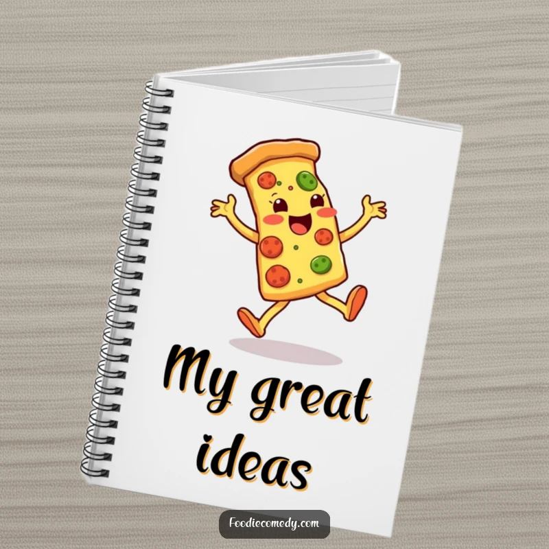 Funny notebook with a pizza slice performing energetic kicks, perfect for jotting down notes, recipes, or hilarious thoughts.