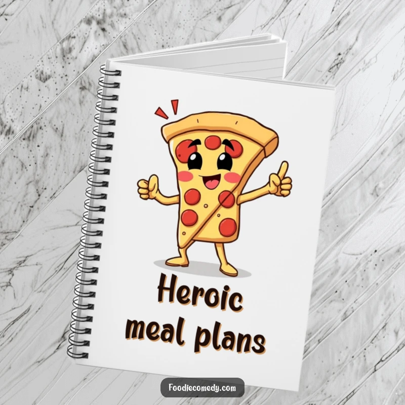 Funny pizza slice notebook featuring a proud character in a heroic pose, perfect for epic food notes.