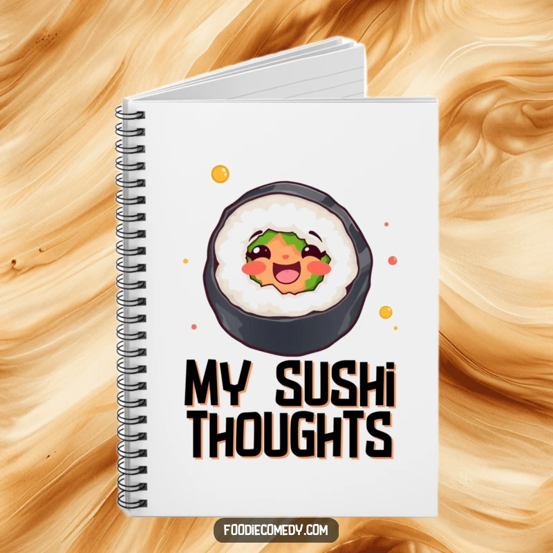 Funny notebook with a sushi roll joyfully twirling, perfect for noting recipes, ideas, or spontaneous thoughts with humor.