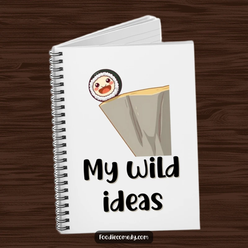 Funny notebook cover featuring a smiling sushi roll with dot eyes rolling off a cliff edge, inspiring daring thoughts.