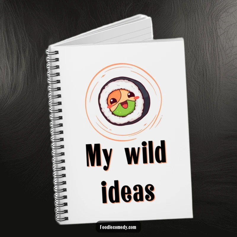 Funny sushi roll notebook, happy sushi roll spinning, for writing and drawing, cute stationery.