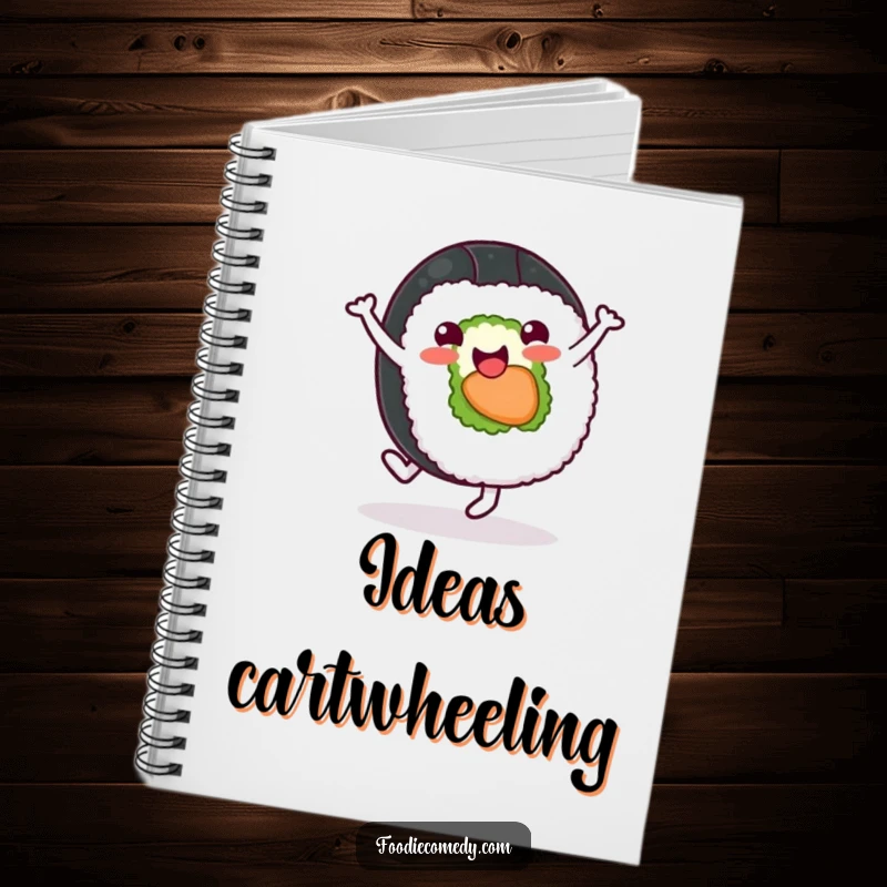 Funny sushi roll notebook with a cover showing a cheerful character doing a cartwheel, perfect for jotting down culinary notes.