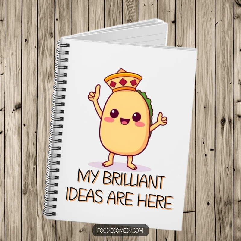 Funny notebook with a kawaii taco character doing a triumphant victory dance, wearing a small sombrero, for note-taking.