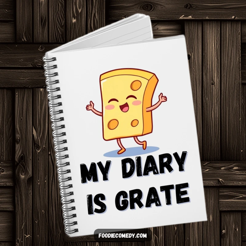Funny notebook cover with a winking cheese slice performing the tango, ideal for jotting down humorous thoughts and ideas.