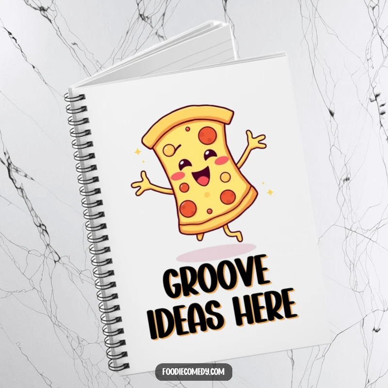 Funny notebook with a pizza slice doing a disco dance, ideal for writing, sketching, and adding humor to your day.