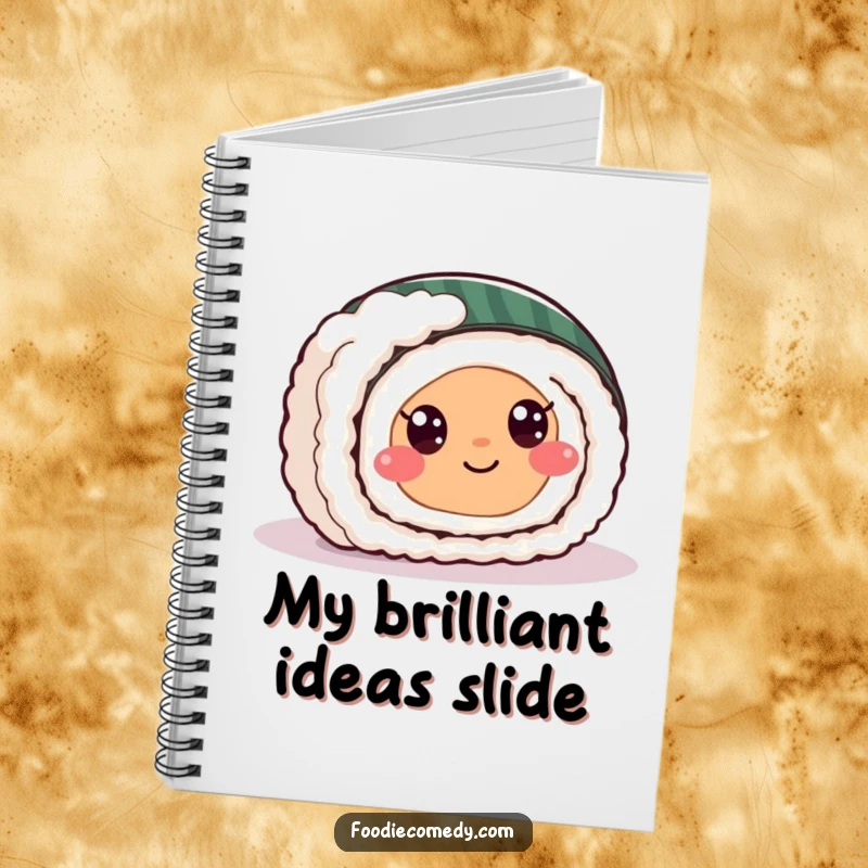 Funny sushi roll notebook cover illustration of a happy sushi character with eyes sliding playfully across a surface.