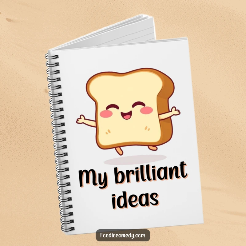 Funny notebook with a giggling slice of toast doing a happy little shuffle, perfect for jotting down funny thoughts.