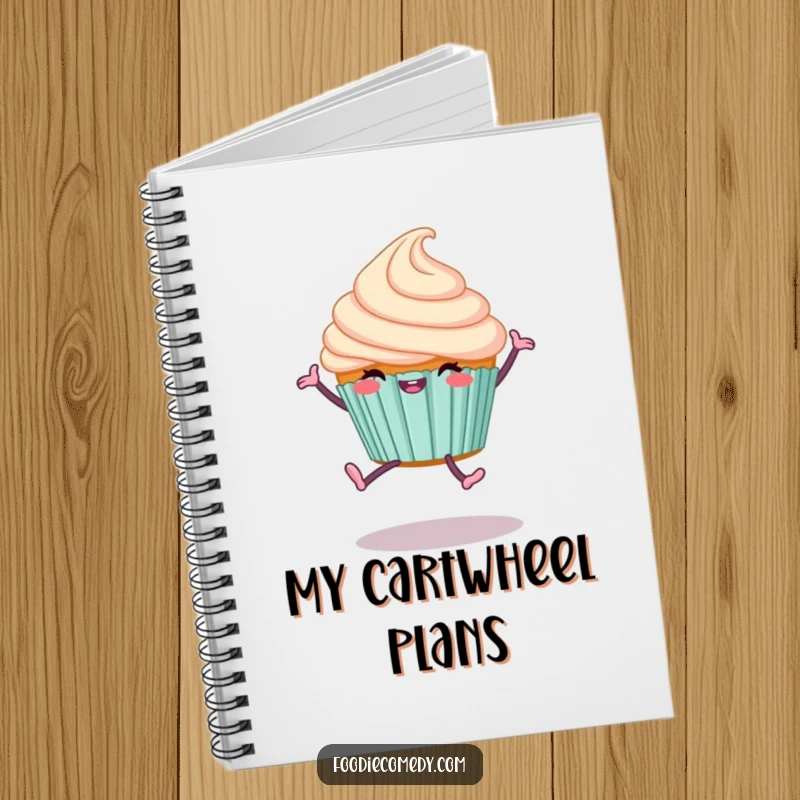 Funny Cupcake Cartwheel Notebook featuring a happy dessert doing a cartwheel, great for jotting down sweet ideas.