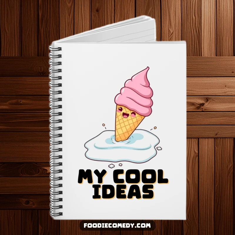 Funny gleeful ice cream cone sliding across a frozen surface, on a notebook, a humorous and cool stationery gift.