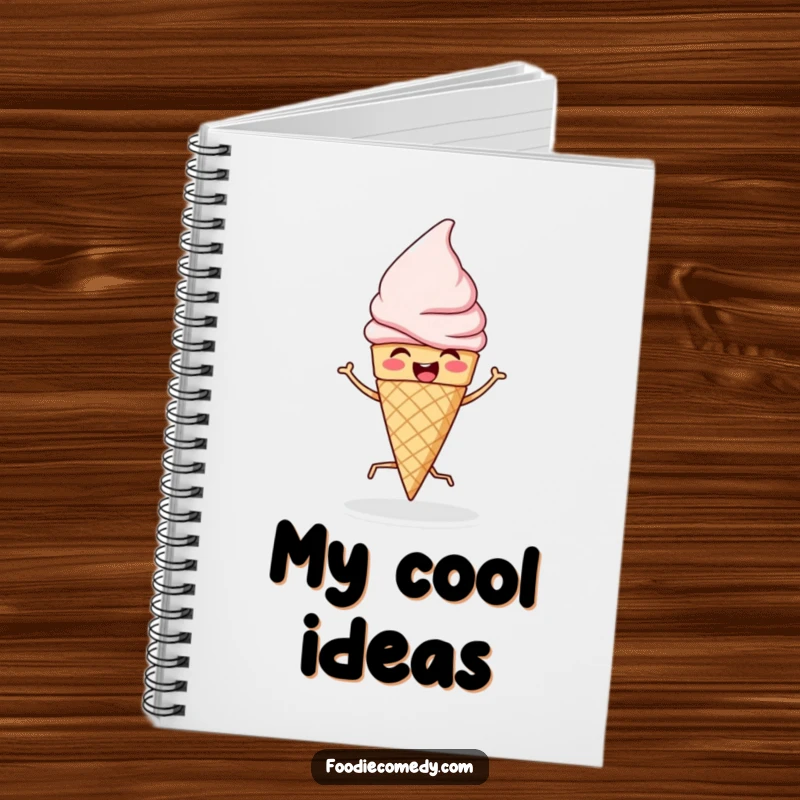 Funny notebook with an ice cream cone doing a lively jig, perfect for jotting down recipes, ideas, or sweet thoughts with humor.