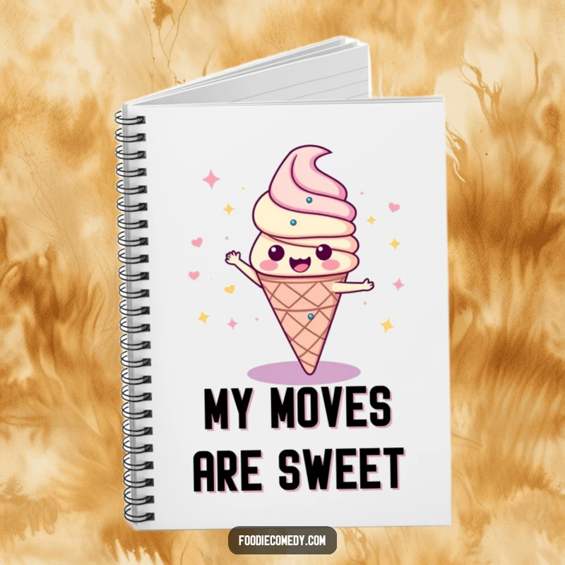 Funny notebook cover featuring an energetic ice cream cone spinning like a disco dancer, inspiring creative and fun note-taking.