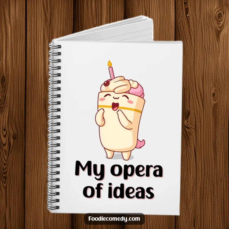 Funny notebook with a kawaii cake character performing a dramatic opera bow, perfect for capturing creative and dramatic thoughts.