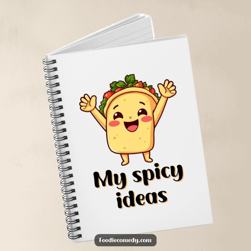 A smiling taco mid-salsa explosion, featured on the cover of a humorous notebook for jotting down spicy ideas.