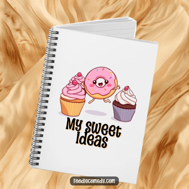 Funny Kawaii Donut Notebook: A cute notebook with a leggy donut joyfully leaping between cupcakes, perfect for jotting down funny thoughts and ideas.
