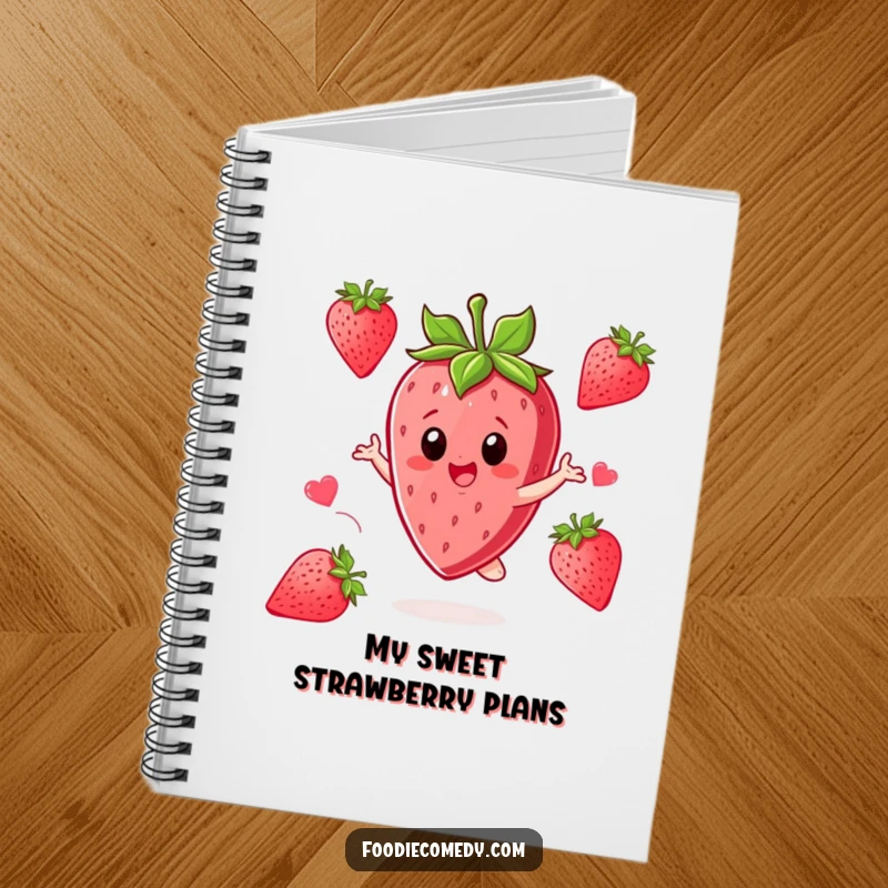Funny Strawberry Notebook: A strawberry character twirls with excitement, ideal for notes and sweet ideas.
