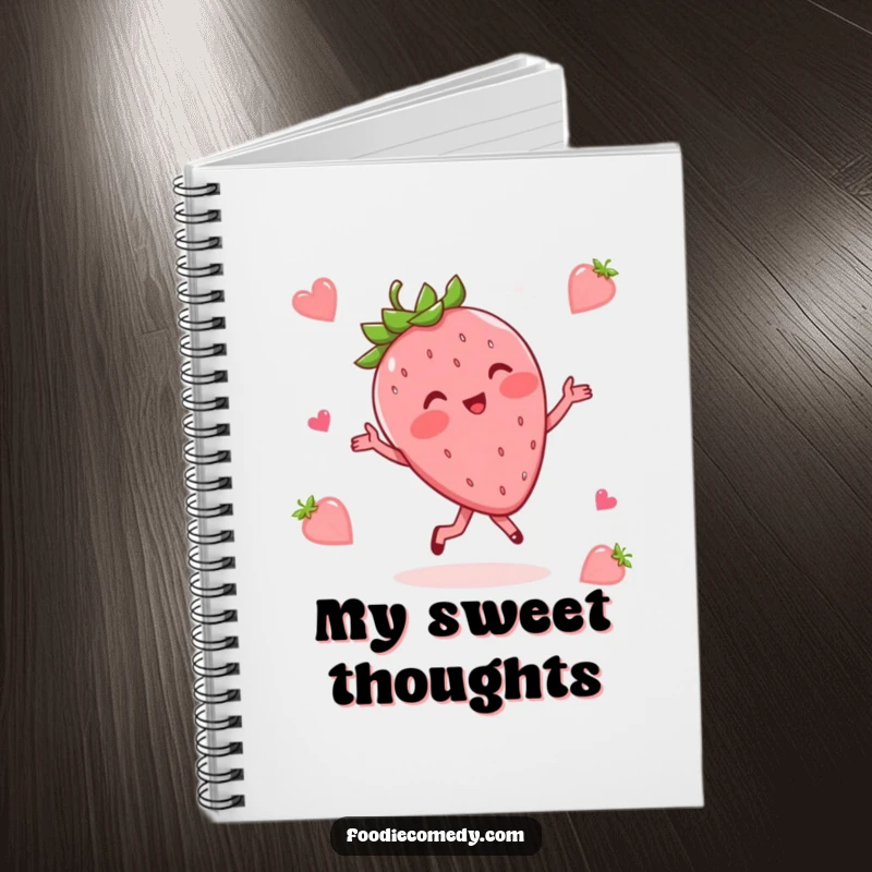 Funny notebook with a blushing strawberry doing a whimsical waltz, perfect for jotting down sweet and funny ideas.