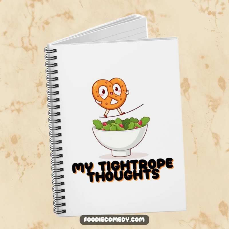 Funny kawaii pretzel notebook, spiral-bound journal with a brave pretzel doing a tightrope walk over a salad bowl, cute stationery, humorous writing tool, ideal funny gift.