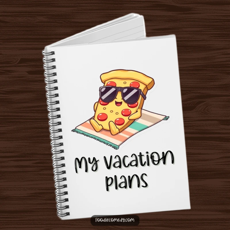 Funny Kawaii Pizza Sunglasses Notebook: A notebook featuring a cool pizza slice in sunglasses lounging on a beach towel, ideal for humorous note-taking.