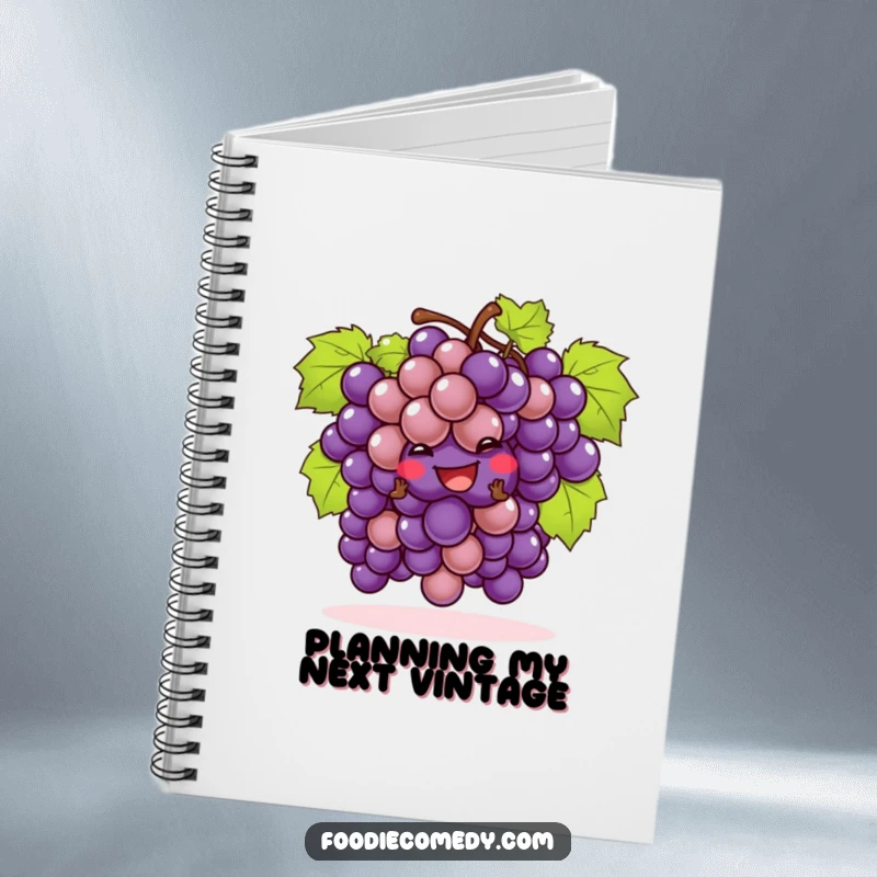 Funny bunch of grapes notebook performing a playful cha-cha, perfect for jotting down notes with fruity charm.