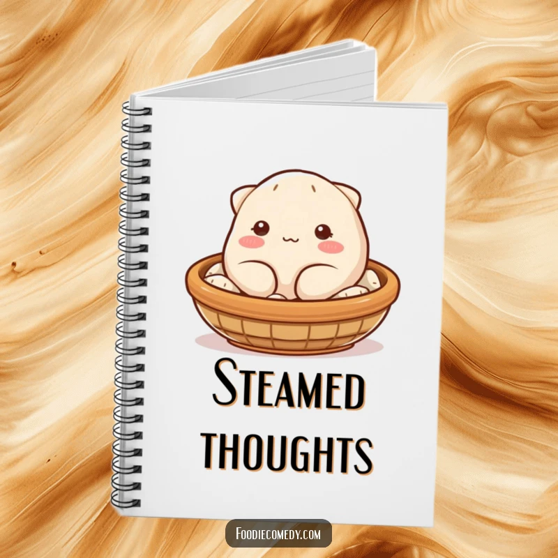 Funny dumpling notebook with a blushing, plump character winking from a steaming basket, perfect for jotting down notes with humor.