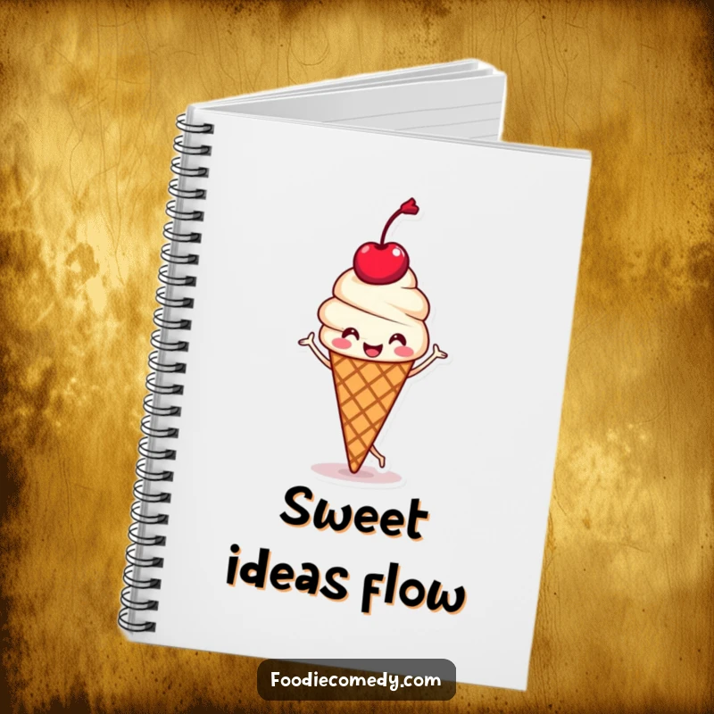 Funny notebook cover with a kawaii ice cream cone with a cherry head doing a happy jig, ideal for jotting down notes and ideas humorously.