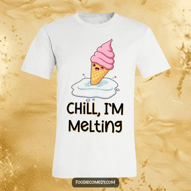 Funny gleeful ice cream cone sliding across a frozen surface with delight, printed on a t-shirt, a humorous fun apparel gift.