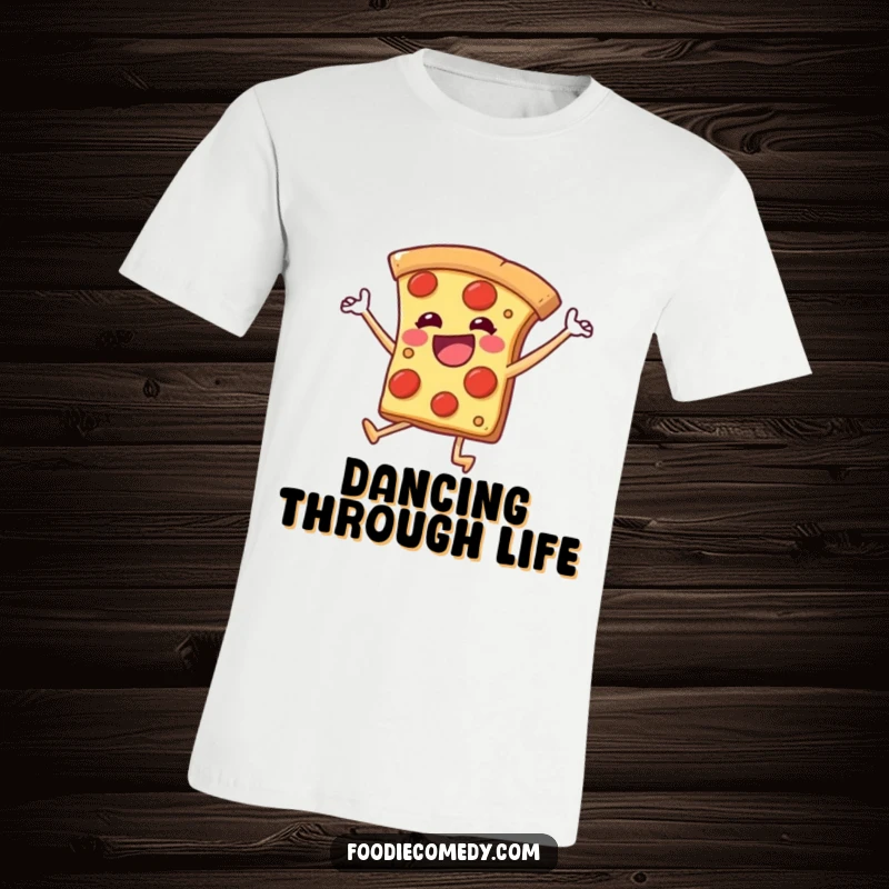Funny t-shirt depicting a pizza slice with legs kicking joyfully in a dance, celebrating food and energetic fun.