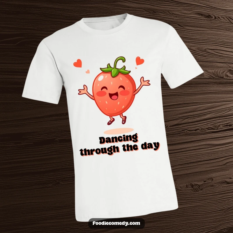Funny Strawberry Folk Dance T-Shirt: A happy strawberry performs a lively folk dance with cheerful energy.