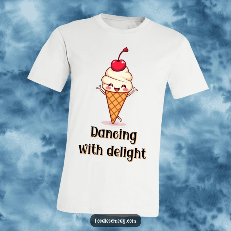 Funny t-shirt featuring a kawaii ice cream cone with a cherry head, doing a happy jig, perfect for spreading sweet cheer.