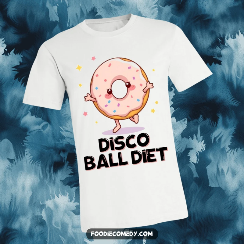 Funny t-shirt featuring a lively donut performing an energetic disco step, showcasing its joyful and fun-loving personality.