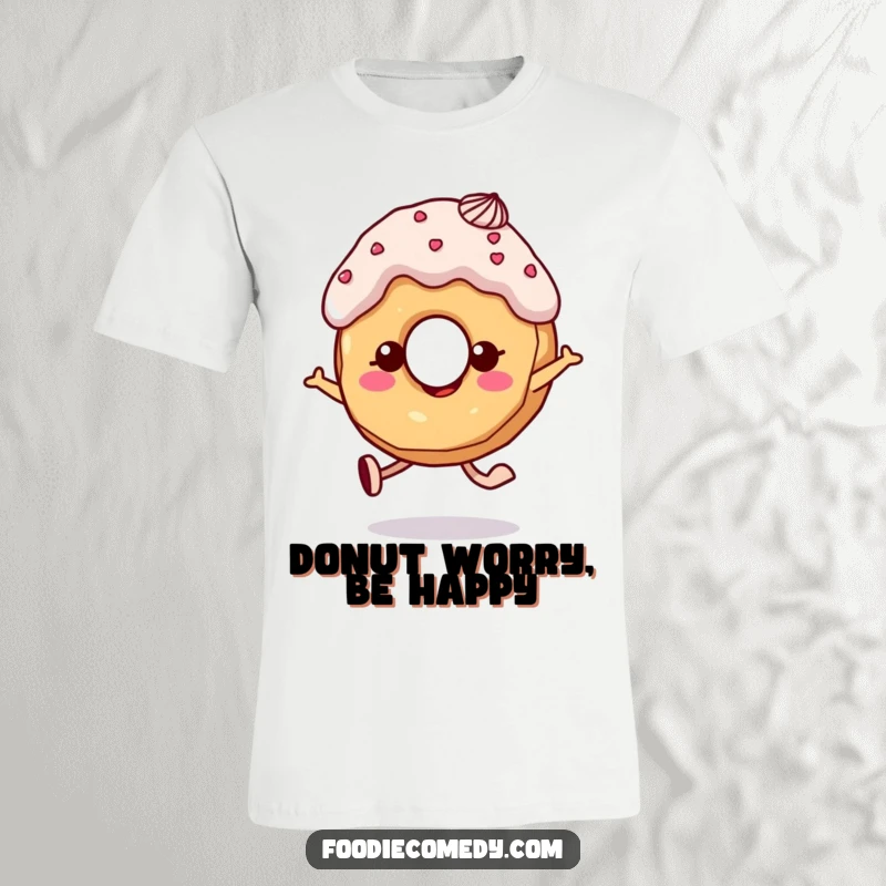 Funny donut t-shirt featuring a skipping character with colorful frosting hair, full of cheerful energy.