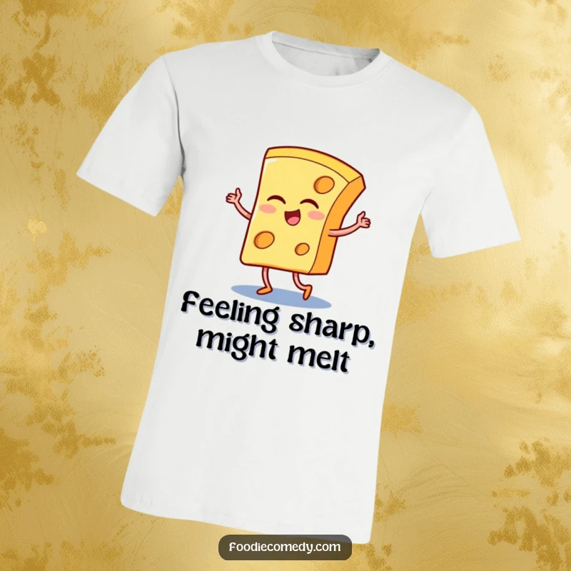 Funny t-shirt displaying a winking cheese slice passionately performing the tango, capturing a moment of pure, cheesy entertainment.