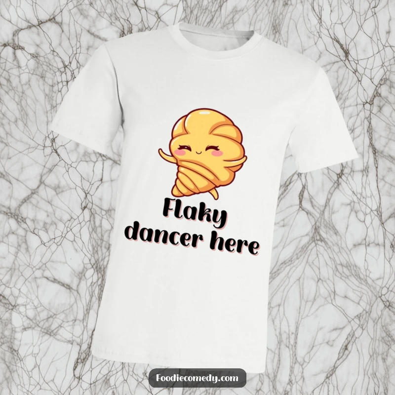 Funny croissant t-shirt with a winking eye, performing a spirited flamenco swirl with dramatic flair and bread-based joy.