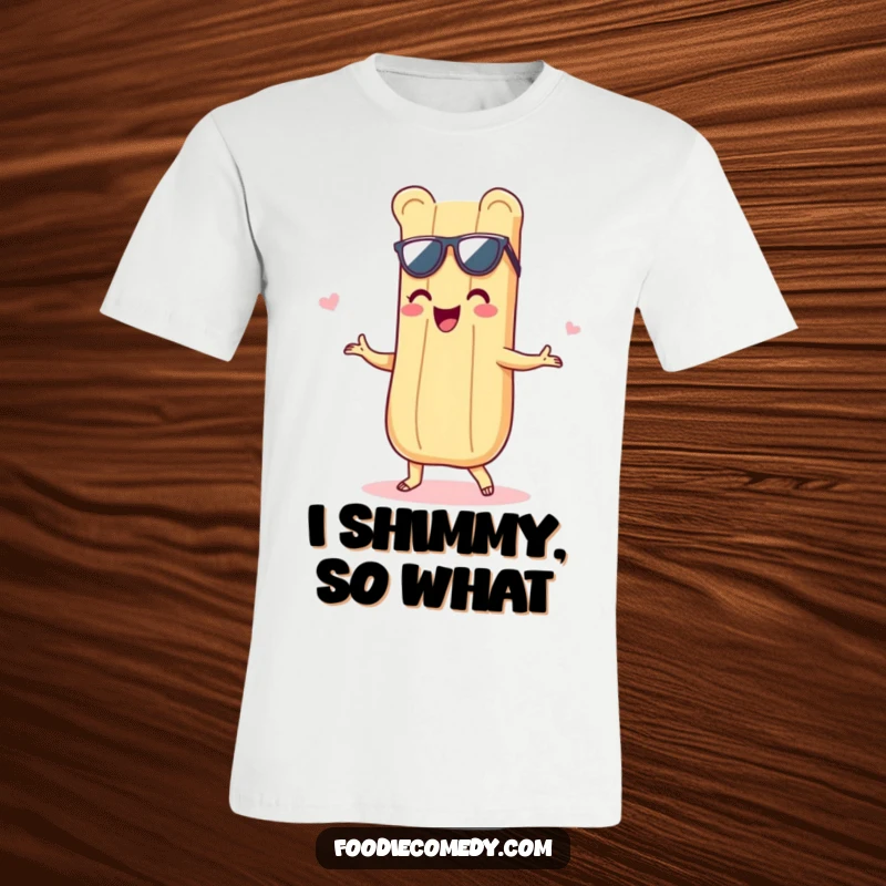 Funny t-shirt featuring a delighted baguette grooving with a charismatic shimmy, perfect for foodies with a sense of humor.