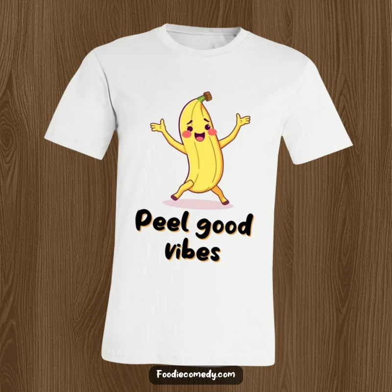 Funny banana t-shirt depicting a peel doing a clumsy breakdance move, perfect for dancers and pranksters.