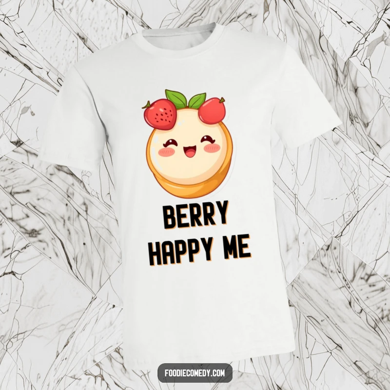 Funny fruit tart t-shirt, a cute dessert character blushing happily, showcasing a delightful and sweet expression.