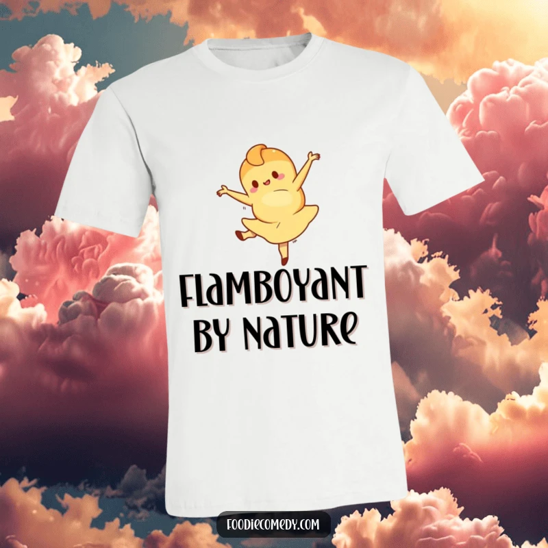 Funny t-shirt depicting a croissant character mid-ballet leap, radiating elegance and a passion for performance. A must-have for pastry and dance lovers.