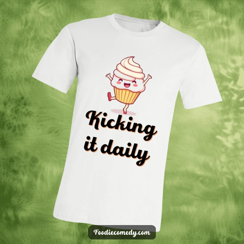 Funny t-shirt featuring an exuberant cupcake performing a lively kick, capturing a moment of pure joy and energy.